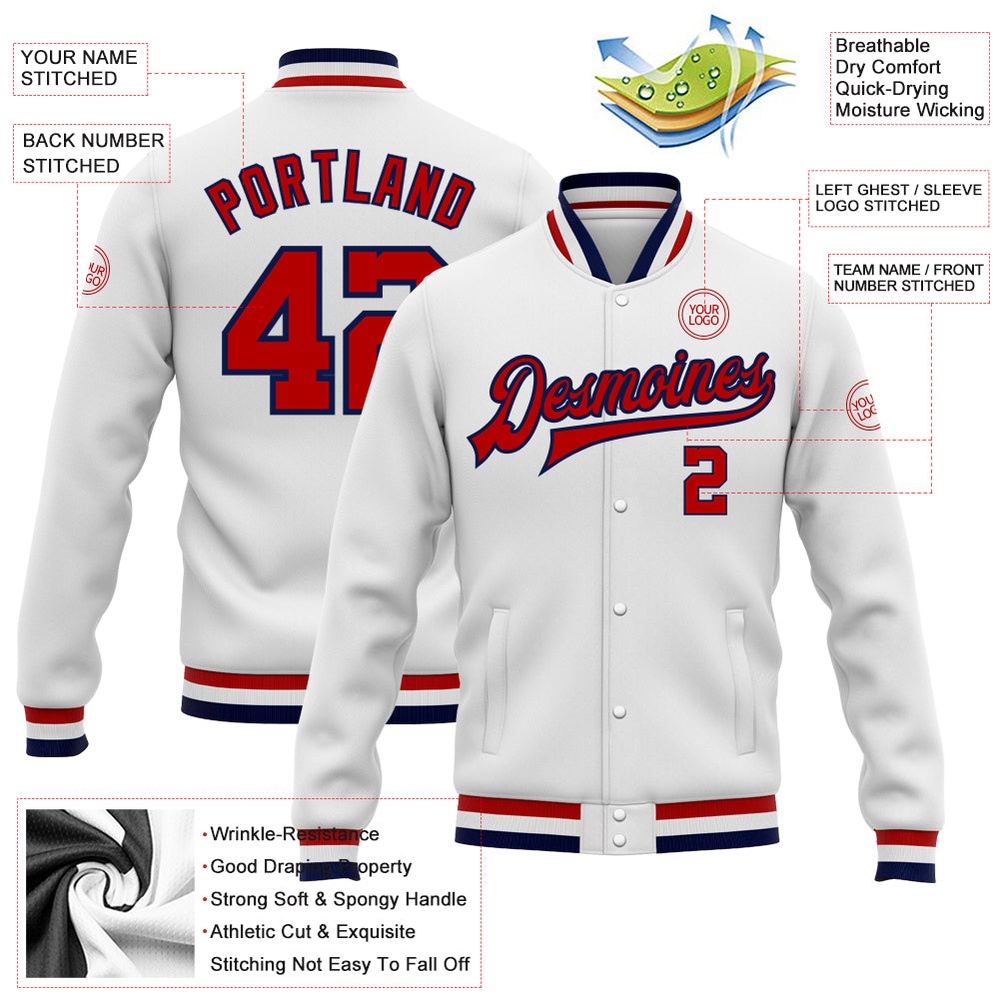 Custom White Red Navy Bomber Full Snap Baseball Jacket, Custom Team Jacket