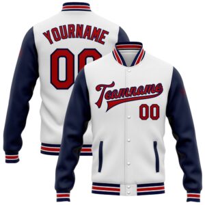 Custom White Red Navy Bomber Full Snap…