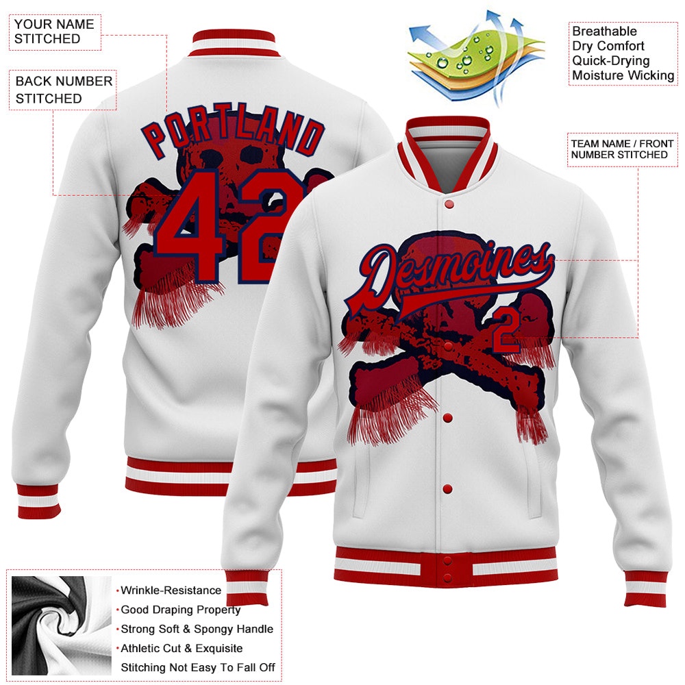 Custom White Red Navy Skull Fashion 3D Bomber Full Snap Baseball Jacket, Custom Team Jacket Custom White Red Navy Skull Fashion 3D Bomber Full Snap Baseball Jacket, Custom Team Jacket