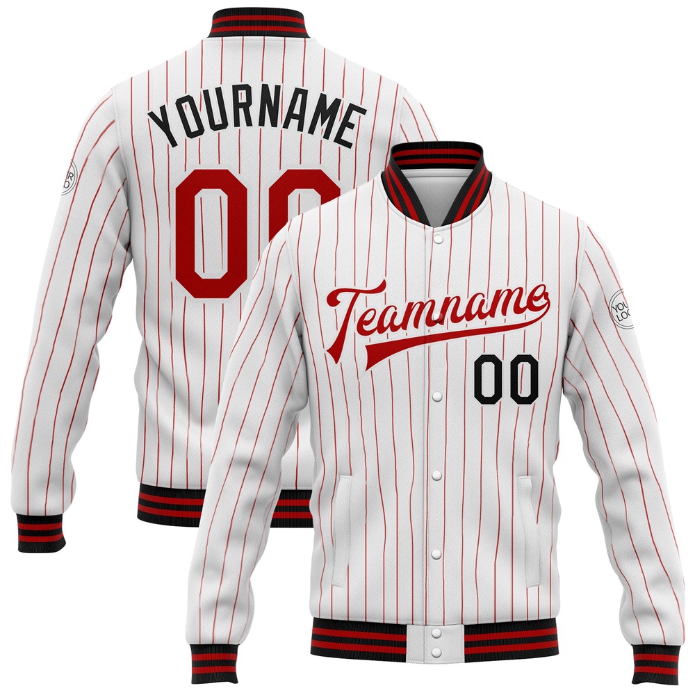 Custom White Red Pinstripe Black Bomber Full Snap Baseball Jacket, Custom Team Jacket Custom White Red Pinstripe Black Bomber Full Snap Baseball Jacket, Custom Team Jacket