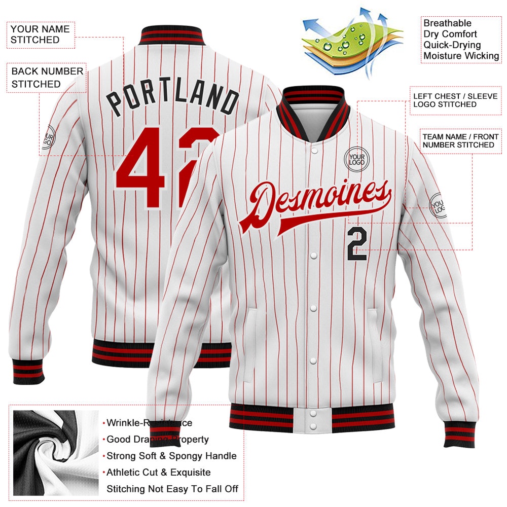 Custom White Red Pinstripe Black Bomber Full Snap Baseball Jacket, Custom Team Jacket Custom White Red Pinstripe Black Bomber Full Snap Baseball Jacket, Custom Team Jacket