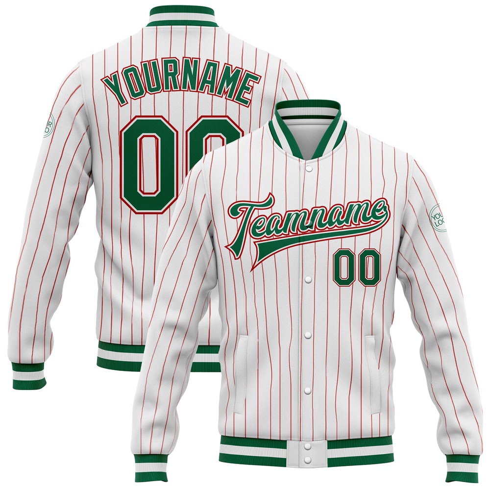 Custom White Red Pinstripe Kelly Green Red Bomber Full Snap Baseball Jacket, Custom Team Jacket Custom White Red Pinstripe Kelly Green Red Bomber Full Snap Baseball Jacket, Custom Team Jacket