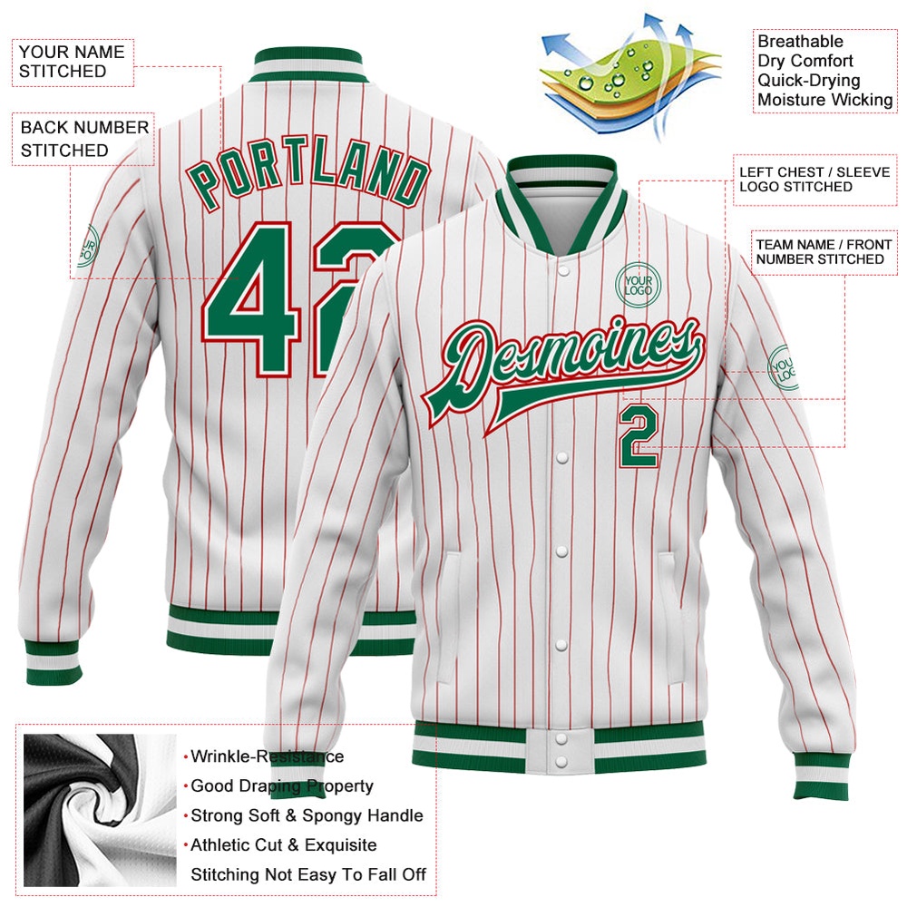 Custom White Red Pinstripe Kelly Green Red Bomber Full Snap Baseball Jacket, Custom Team Jacket Custom White Red Pinstripe Kelly Green Red Bomber Full Snap Baseball Jacket, Custom Team Jacket