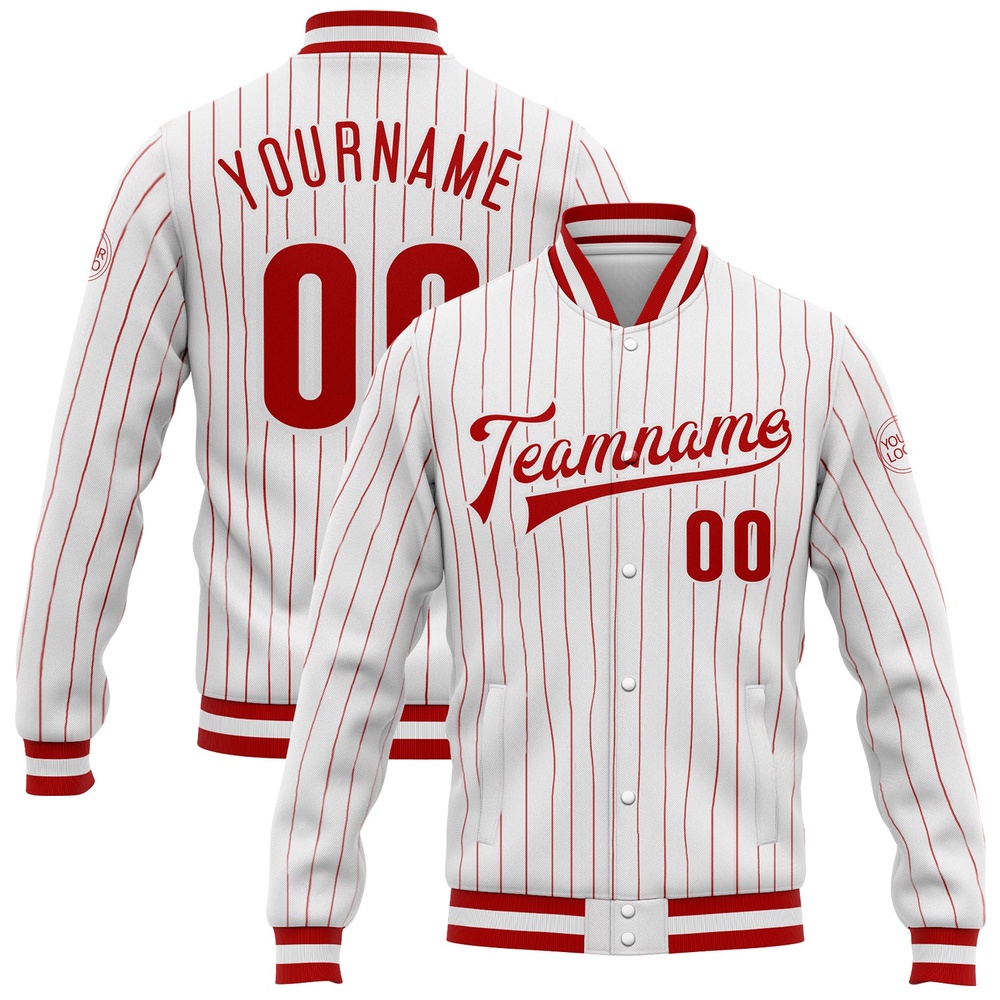 Custom White Red Pinstripe Red White Bomber Full Snap Baseball Jacket, Custom Team Jacket Custom White Red Pinstripe Red White Bomber Full Snap Baseball Jacket, Custom Team Jacket
