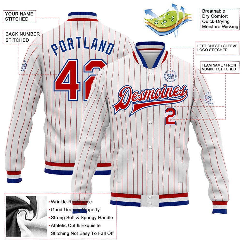 Custom White Red Pinstripe Royal Bomber Full Snap Baseball Jacket, Custom Team Jacket Custom White Red Pinstripe Royal Bomber Full Snap Baseball Jacket, Custom Team Jacket