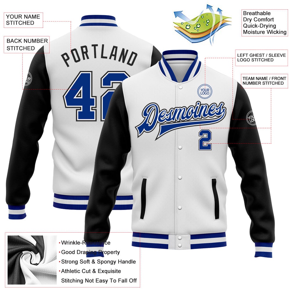 Custom White Royal Black Bomber Full Snap Varsity Baseball Jacket, Custom Team Jacket Custom White Royal Black Bomber Full Snap Varsity Baseball Jacket, Custom Team Jacket