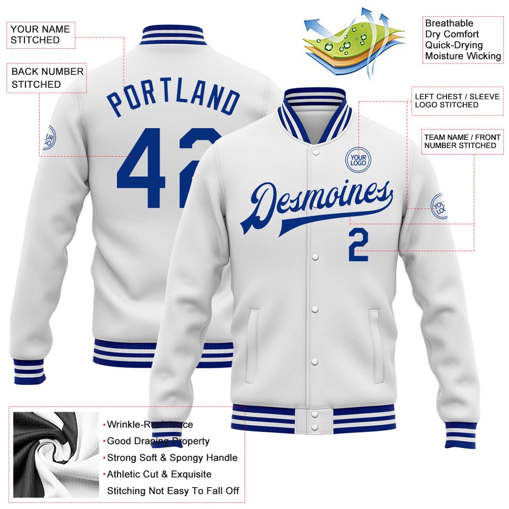 Custom White Royal Bomber Full Snap Baseball Jacket, Custom Team Jacket