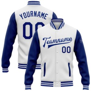 Custom White Royal Bomber Full Snap Varsity…