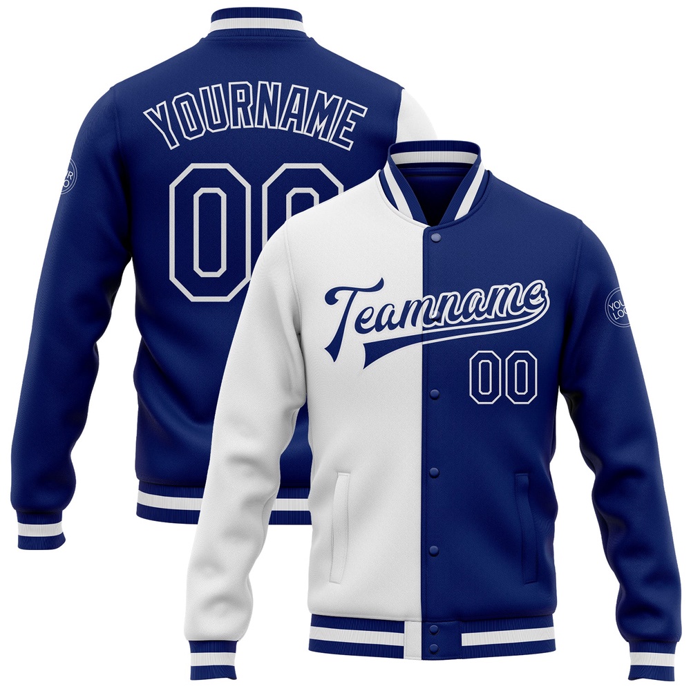 Custom White Royal Bomber Full Snap Varsity Letterman Split Fashion Jacket, Custom Team Jacket Custom White Royal Bomber Full Snap Varsity Letterman Split Fashion Jacket, Custom Team Jacket