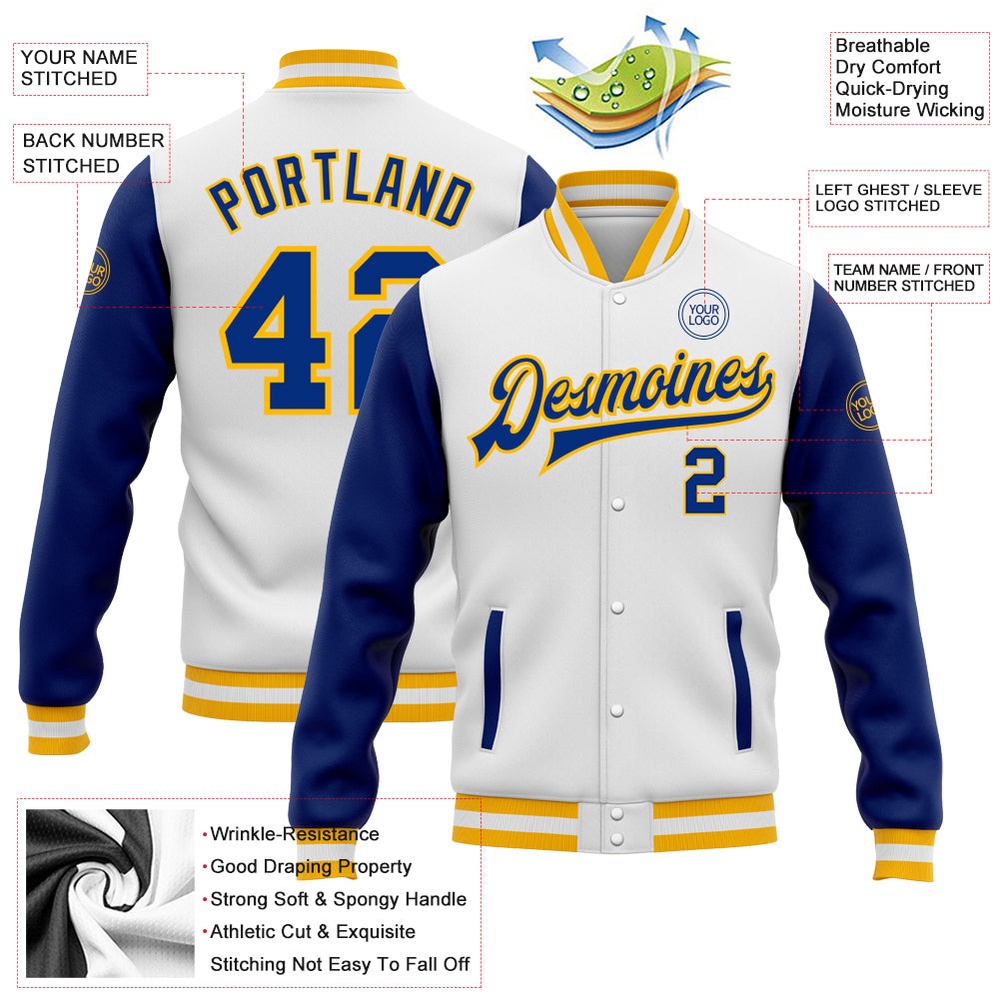 Custom White Royal Gold Bomber Full Snap Varsity Baseball Jacket, Custom Team Jacket Custom White Royal Gold Bomber Full Snap Varsity Baseball Jacket, Custom Team Jacket