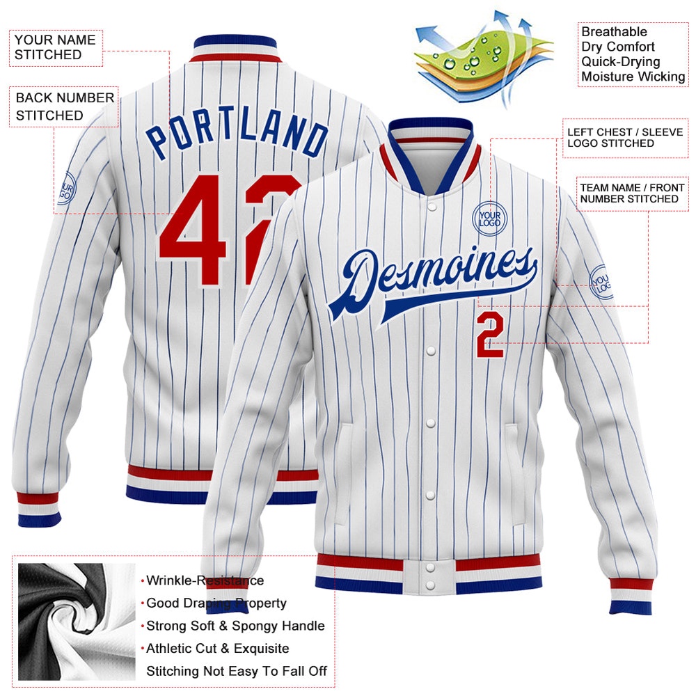 Custom White Royal Pinstripe Red Bomber Full Snap Baseball Jacket, Custom Team Jacket Custom White Royal Pinstripe Red Bomber Full Snap Baseball Jacket, Custom Team Jacket