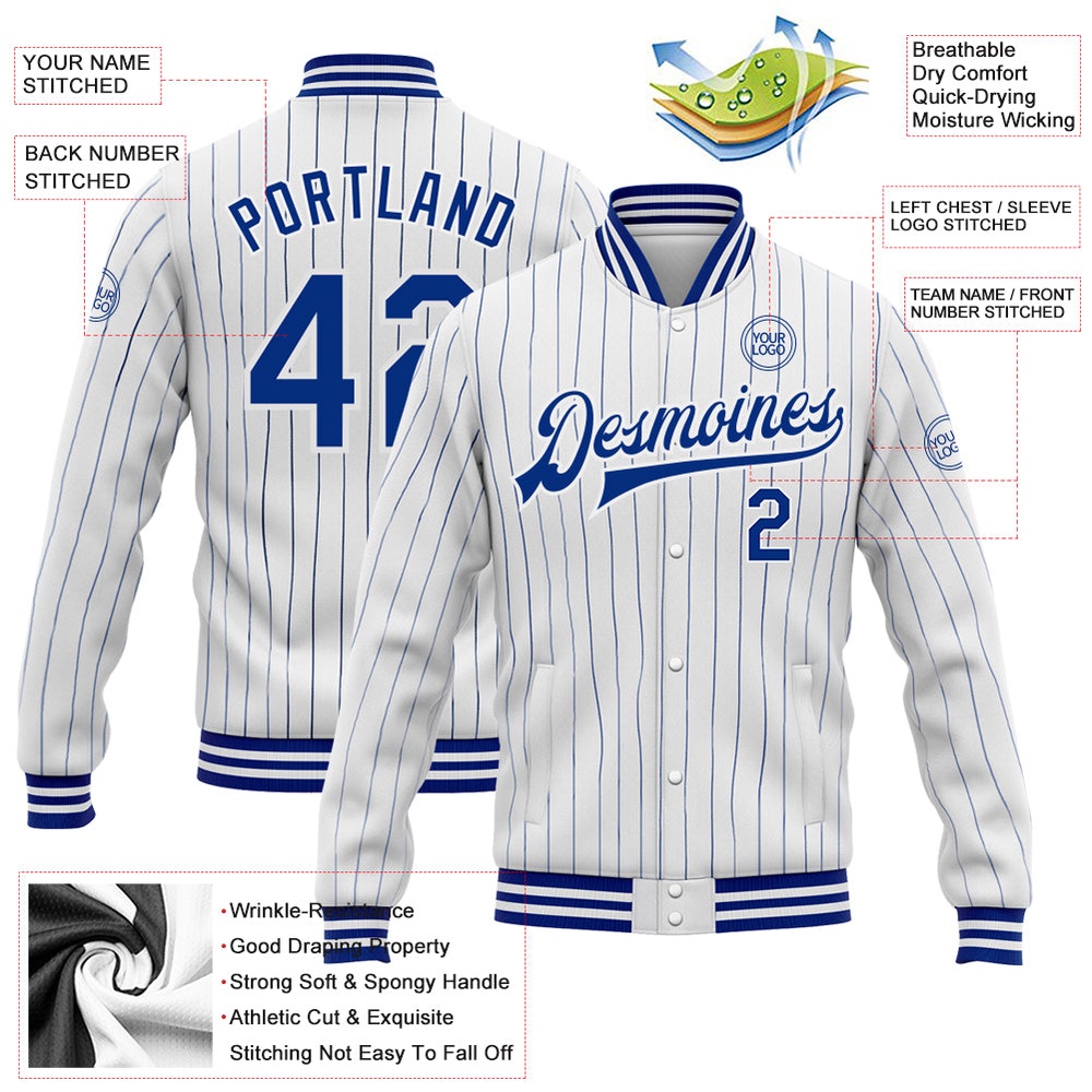 Custom White Royal Pinstripe Royal Bomber Full Snap Baseball Jacket, Custom Team Jacket Custom White Royal Pinstripe Royal Bomber Full Snap Baseball Jacket, Custom Team Jacket