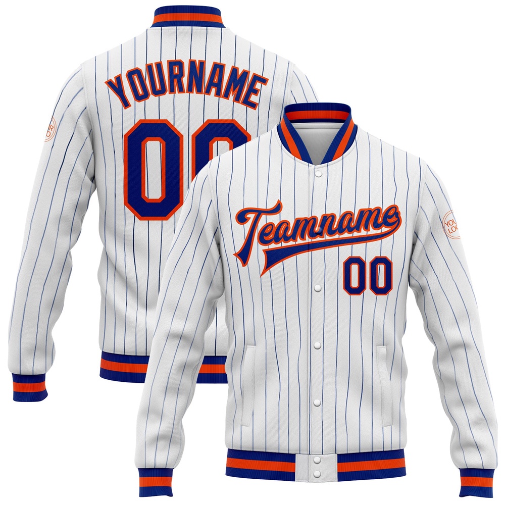Custom White Royal Pinstripe Royal Orange Bomber Full Snap Baseball Jacket, Custom Team Jacket Custom White Royal Pinstripe Royal Orange Bomber Full Snap Baseball Jacket, Custom Team Jacket