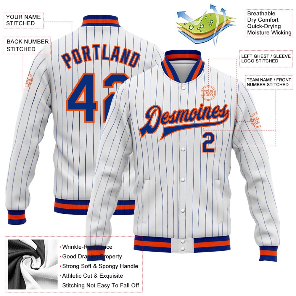 Custom White Royal Pinstripe Royal Orange Bomber Full Snap Baseball Jacket, Custom Team Jacket Custom White Royal Pinstripe Royal Orange Bomber Full Snap Baseball Jacket, Custom Team Jacket