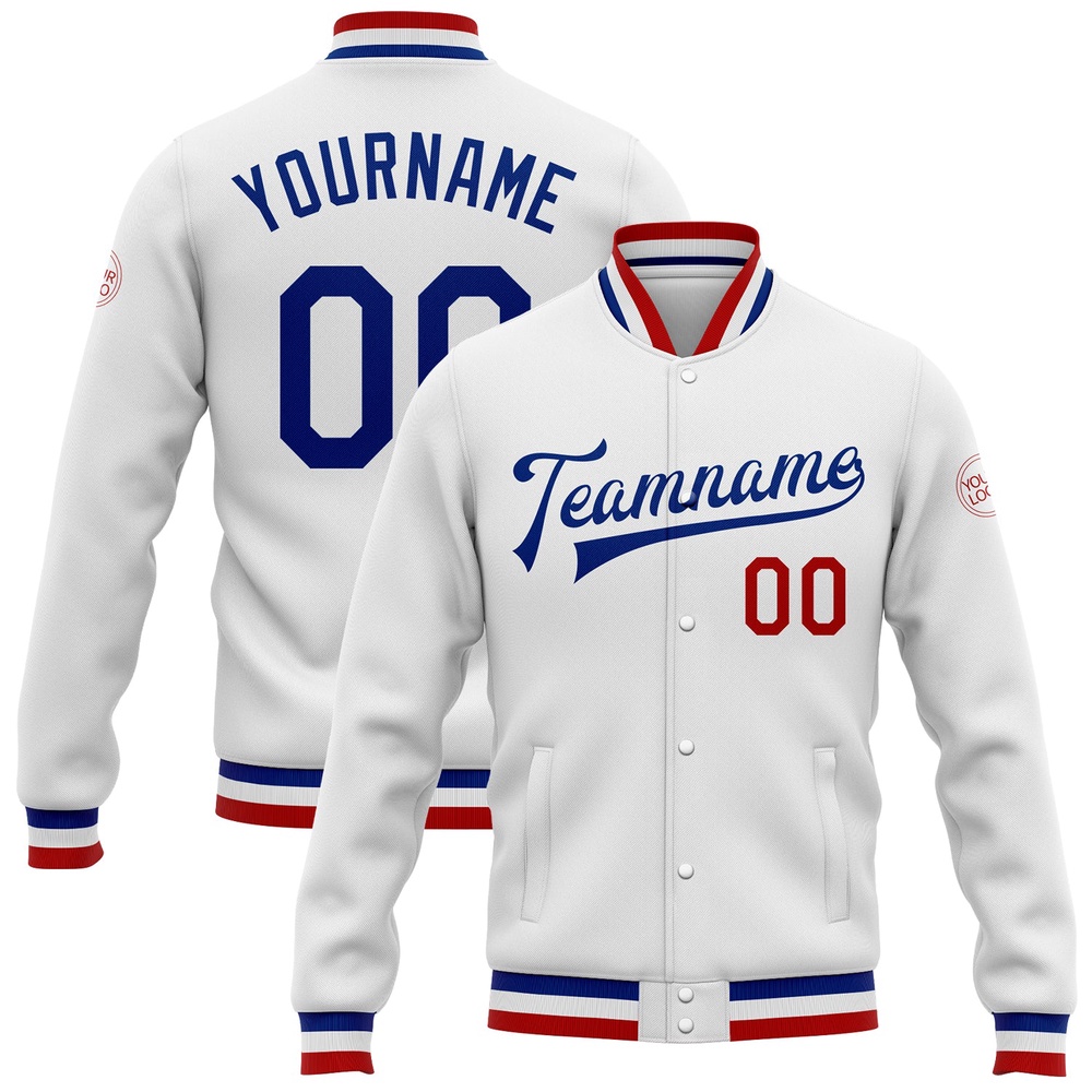 Custom White Royal Red Bomber Full Snap Baseball Jacket, Custom Team Jacket Custom White Royal Red Bomber Full Snap Baseball Jacket, Custom Team Jacket