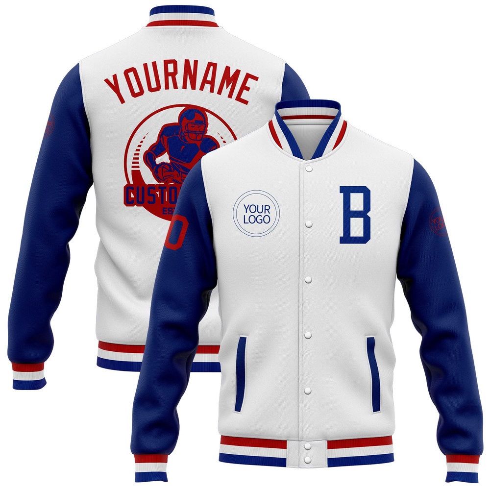 Custom White Royal Red Bomber Full Snap Varsity Baseball Jacket, Custom Team Jacket Custom White Royal Red Bomber Full Snap Varsity Baseball Jacket, Custom Team Jacket