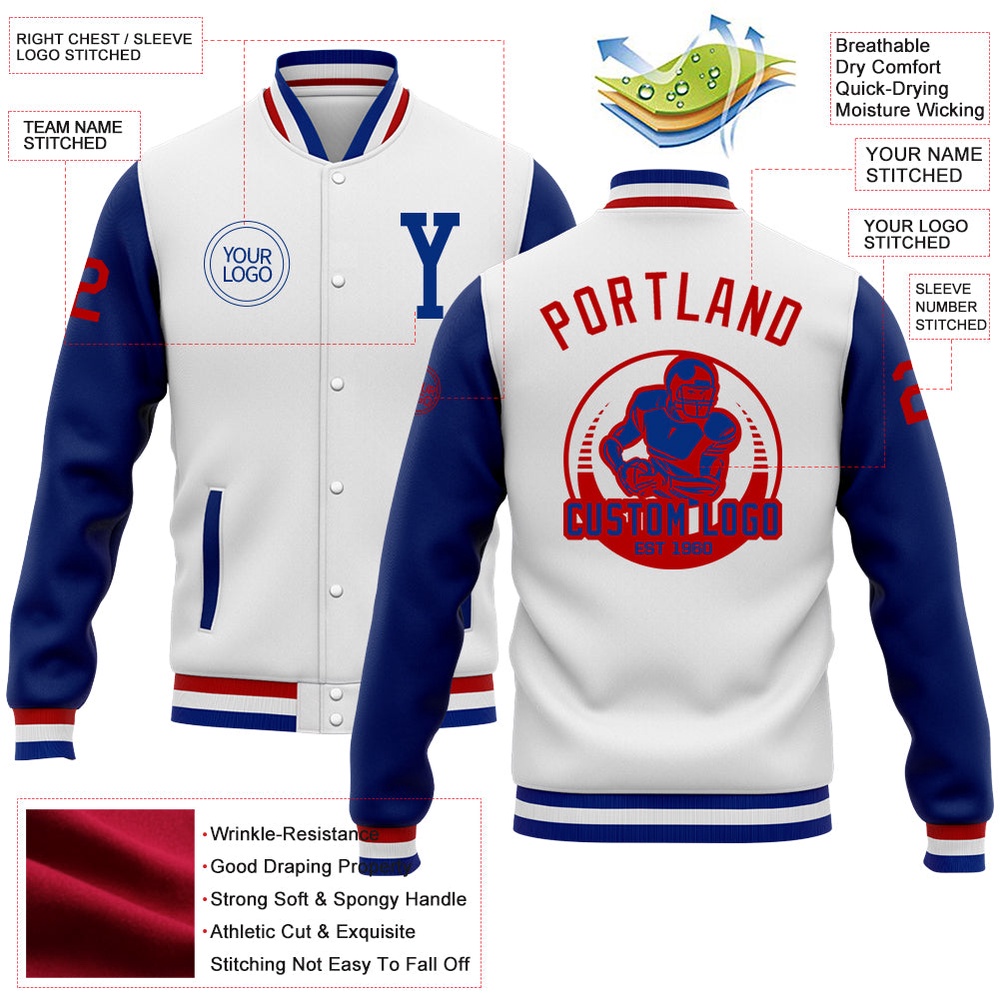 Custom White Royal Red Bomber Full Snap Varsity Baseball Jacket, Custom Team Jacket Custom White Royal Red Bomber Full Snap Varsity Baseball Jacket, Custom Team Jacket