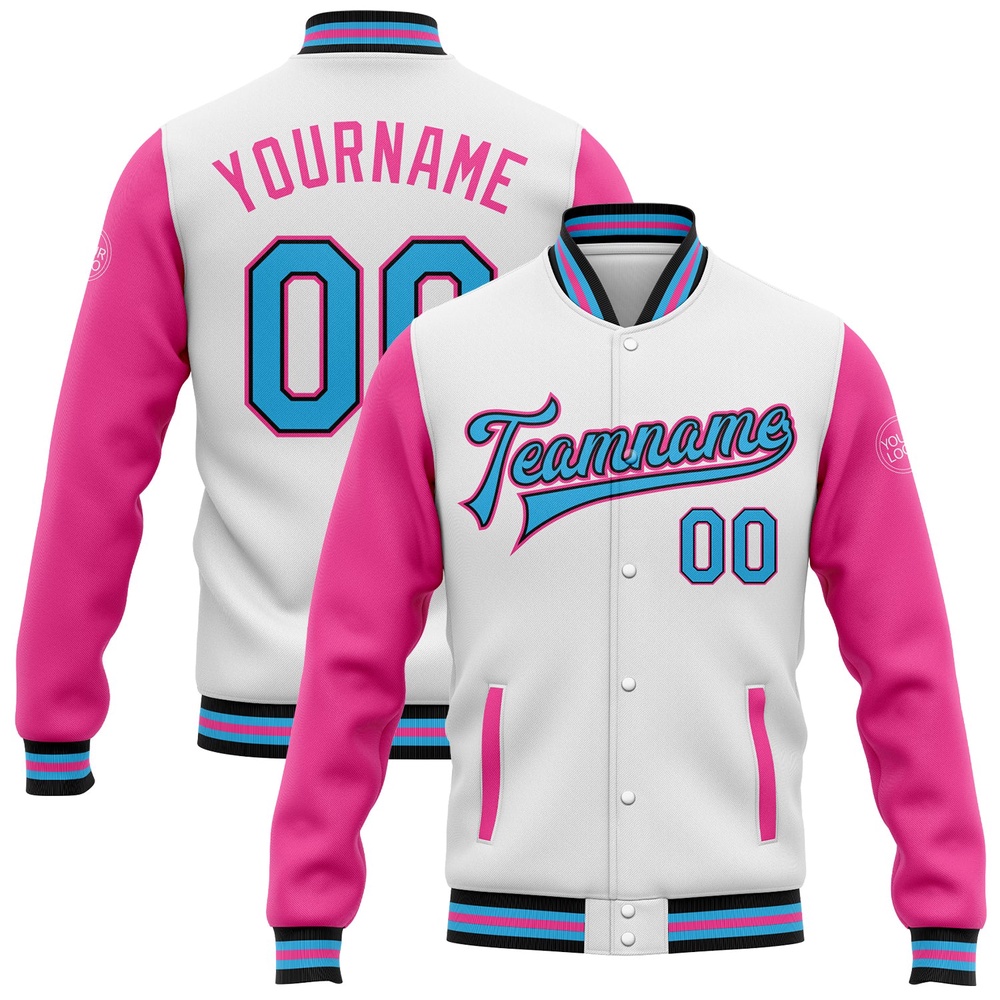 Custom White Sky Blue Black Pink Bomber Full Snap Varsity Baseball Jacket, Custom Team Jacket Custom White Sky Blue Black Pink Bomber Full Snap Varsity Baseball Jacket, Custom Team Jacket