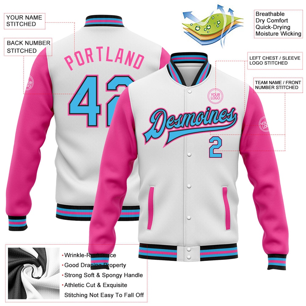 Custom White Sky Blue Black Pink Bomber Full Snap Varsity Baseball Jacket, Custom Team Jacket Custom White Sky Blue Black Pink Bomber Full Snap Varsity Baseball Jacket, Custom Team Jacket