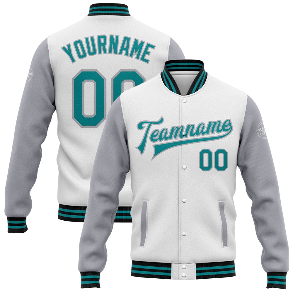 Custom White Teal Gray Black Bomber Full Snap Varsity Baseball Jacket, Custom Team Jacket