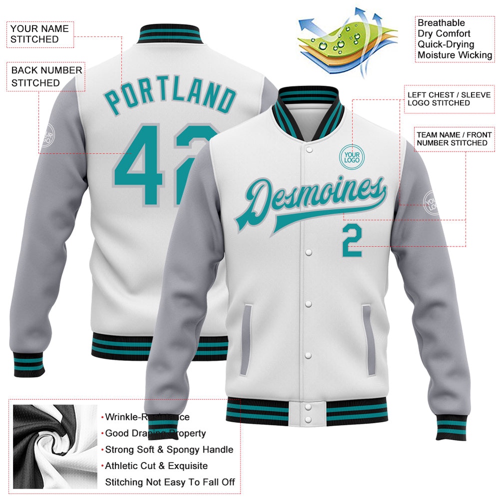 Custom White Teal Gray Black Bomber Full Snap Varsity Baseball Jacket, Custom Team Jacket