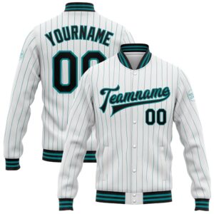 Custom White Teal Pinstripe Black Bomber Full…