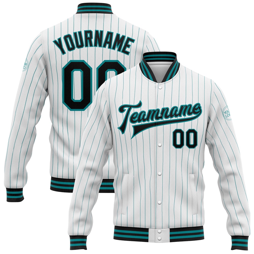 Custom White Teal Pinstripe Black Bomber Full Snap Baseball Jacket, Custom Team Jacket
