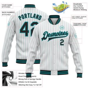 Custom White Teal Pinstripe Black Bomber Full Snap Baseball Jacket Custom Team Jacket 2 qtrcw4.jpg
