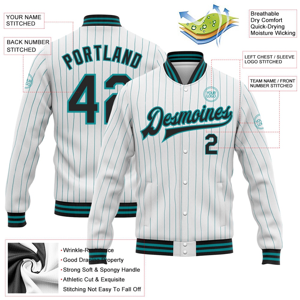 Custom White Teal Pinstripe Black Bomber Full Snap Baseball Jacket, Custom Team Jacket