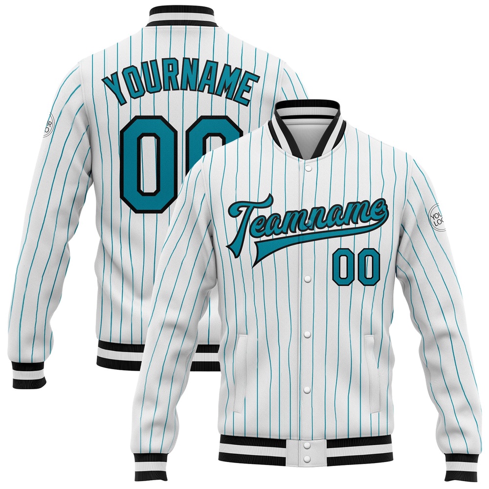Custom White Teal Pinstripe Teal Black Bomber Full Snap Baseball Jacket, Custom Team Jacket Custom White Teal Pinstripe Teal Black Bomber Full Snap Baseball Jacket, Custom Team Jacket