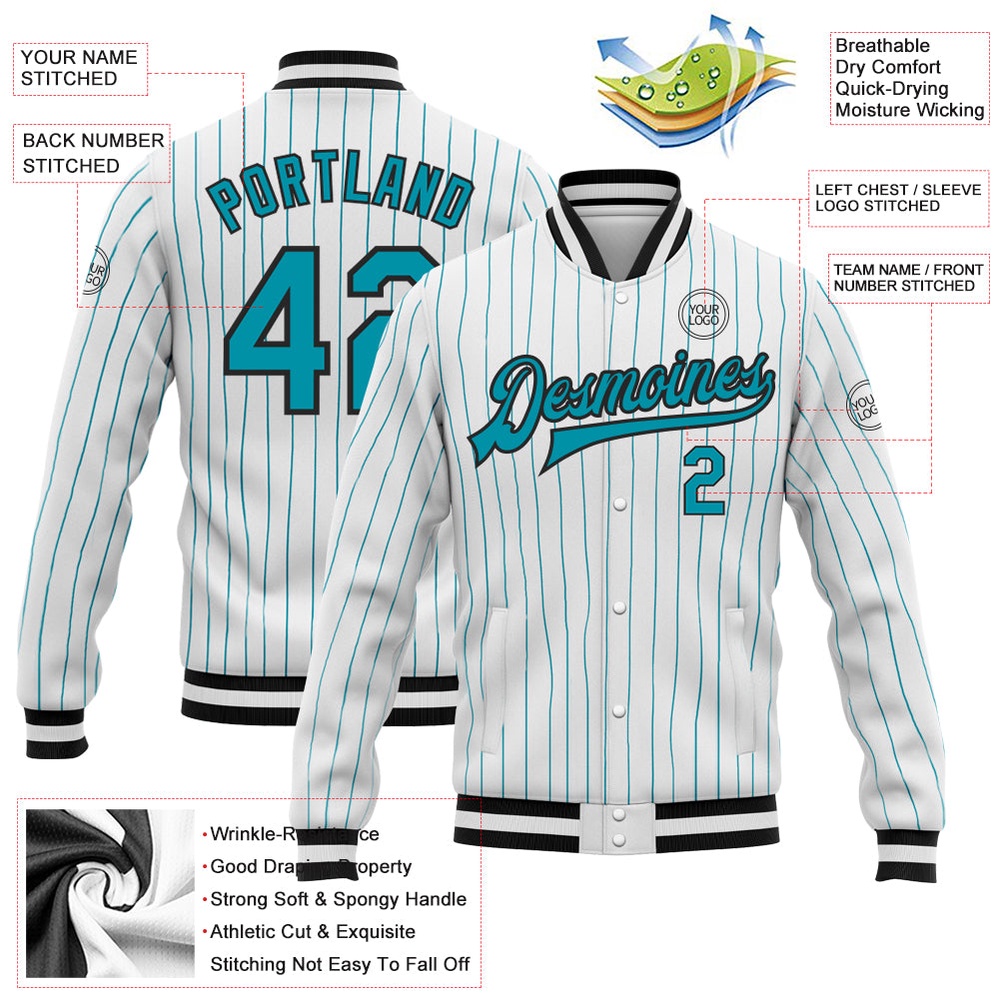 Custom White Teal Pinstripe Teal Black Bomber Full Snap Baseball Jacket, Custom Team Jacket Custom White Teal Pinstripe Teal Black Bomber Full Snap Baseball Jacket, Custom Team Jacket