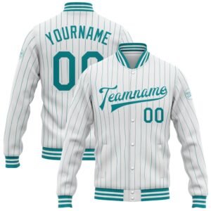 Custom White Teal Pinstripe Teal Bomber Full…