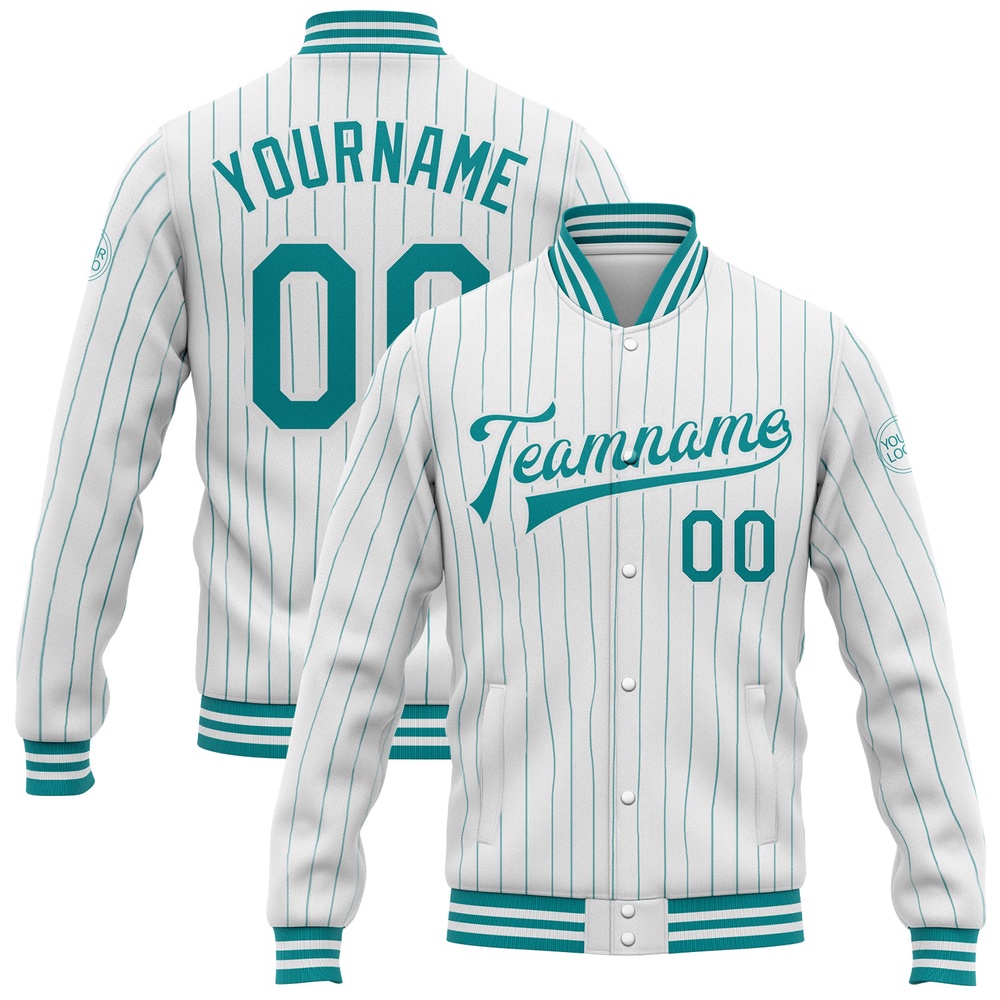 Custom White Teal Pinstripe Teal Bomber Full Snap Baseball Jacket, Custom Team Jacket