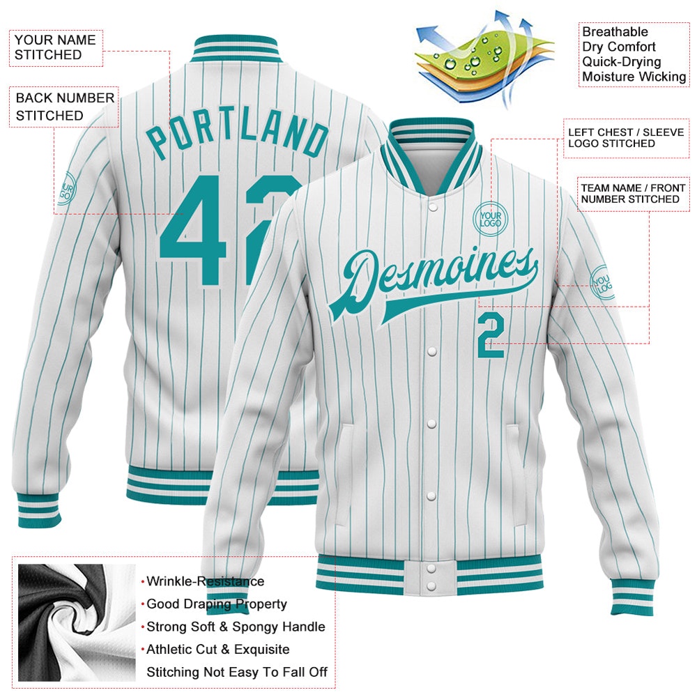Custom White Teal Pinstripe Teal Bomber Full Snap Baseball Jacket, Custom Team Jacket