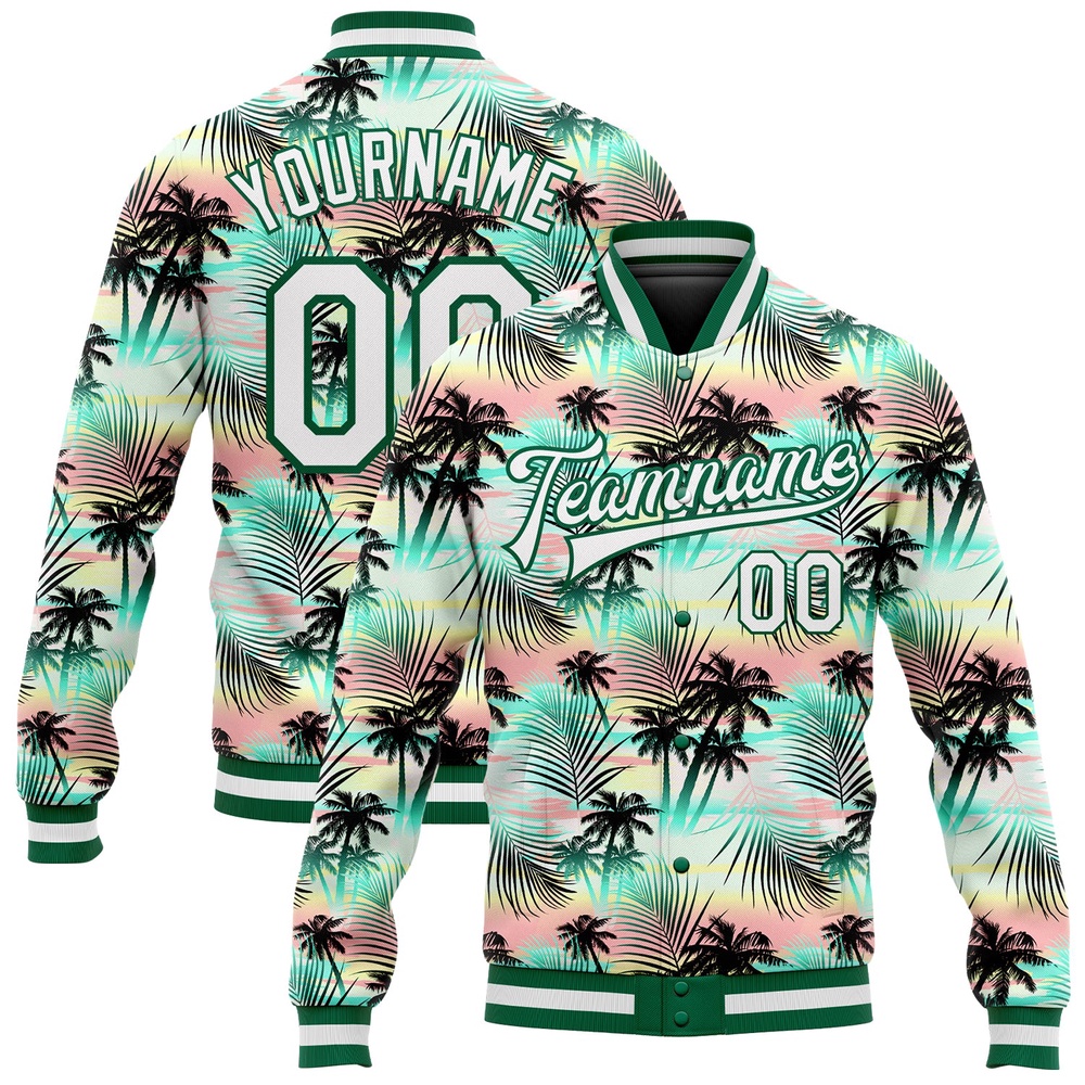 Custom White White Kelly Green Hawaii Palm Trees 3D Bomber Full Snap Baseball Jacket, Custom Team Jacket