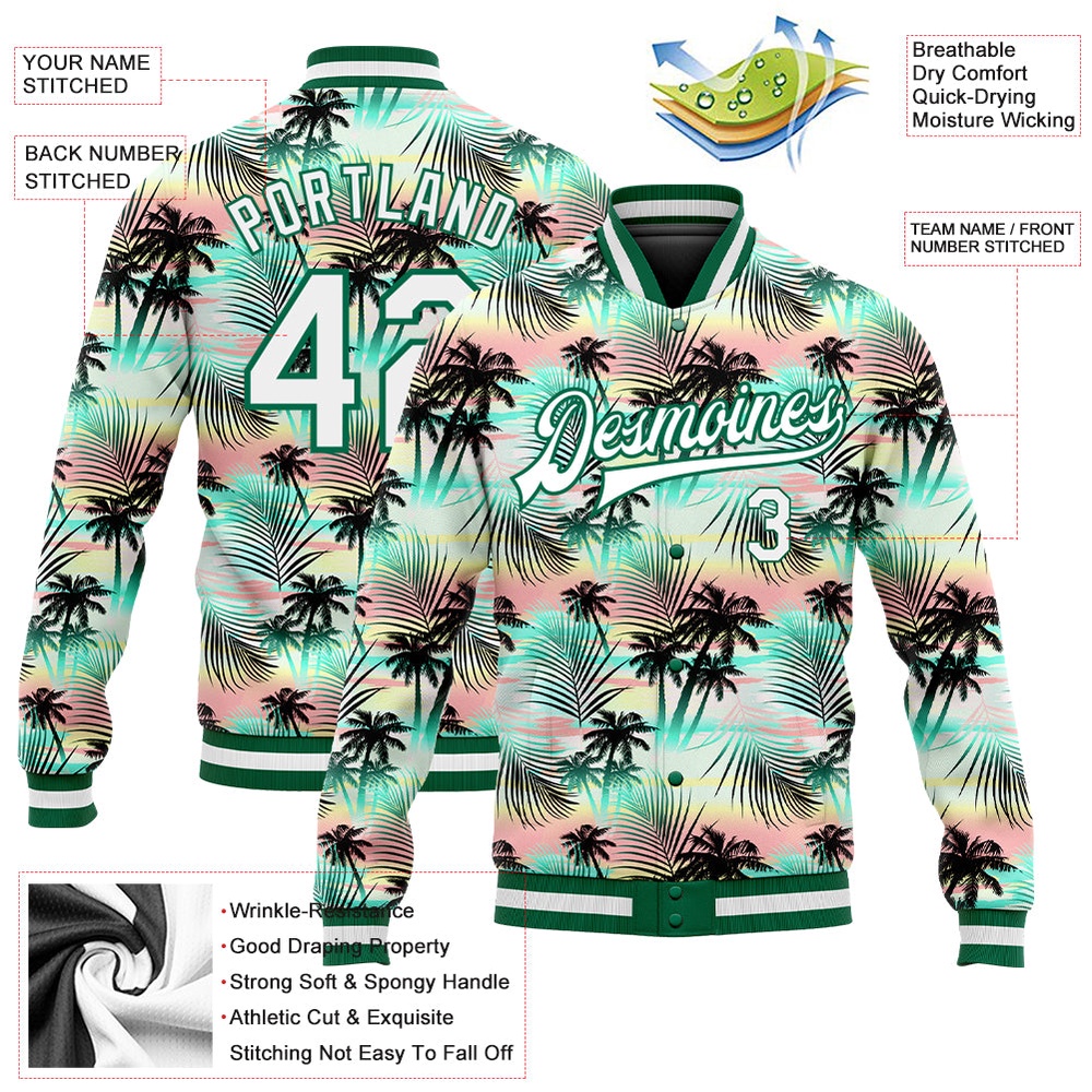 Custom White White Kelly Green Hawaii Palm Trees 3D Bomber Full Snap Baseball Jacket, Custom Team Jacket