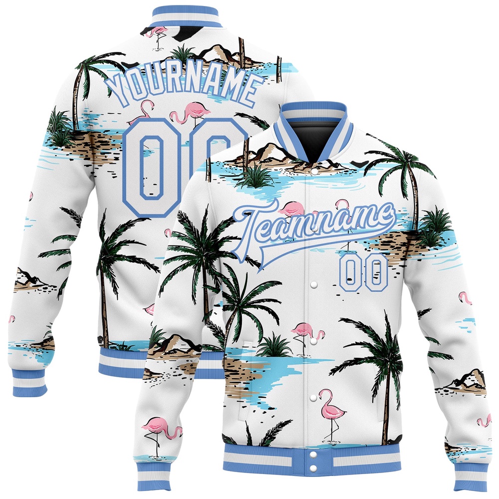 Custom White White Light Blue Hawaii Palm Trees And Flamingo 3D Bomber Full Snap Baseball Jacket, Custom Team Jacket