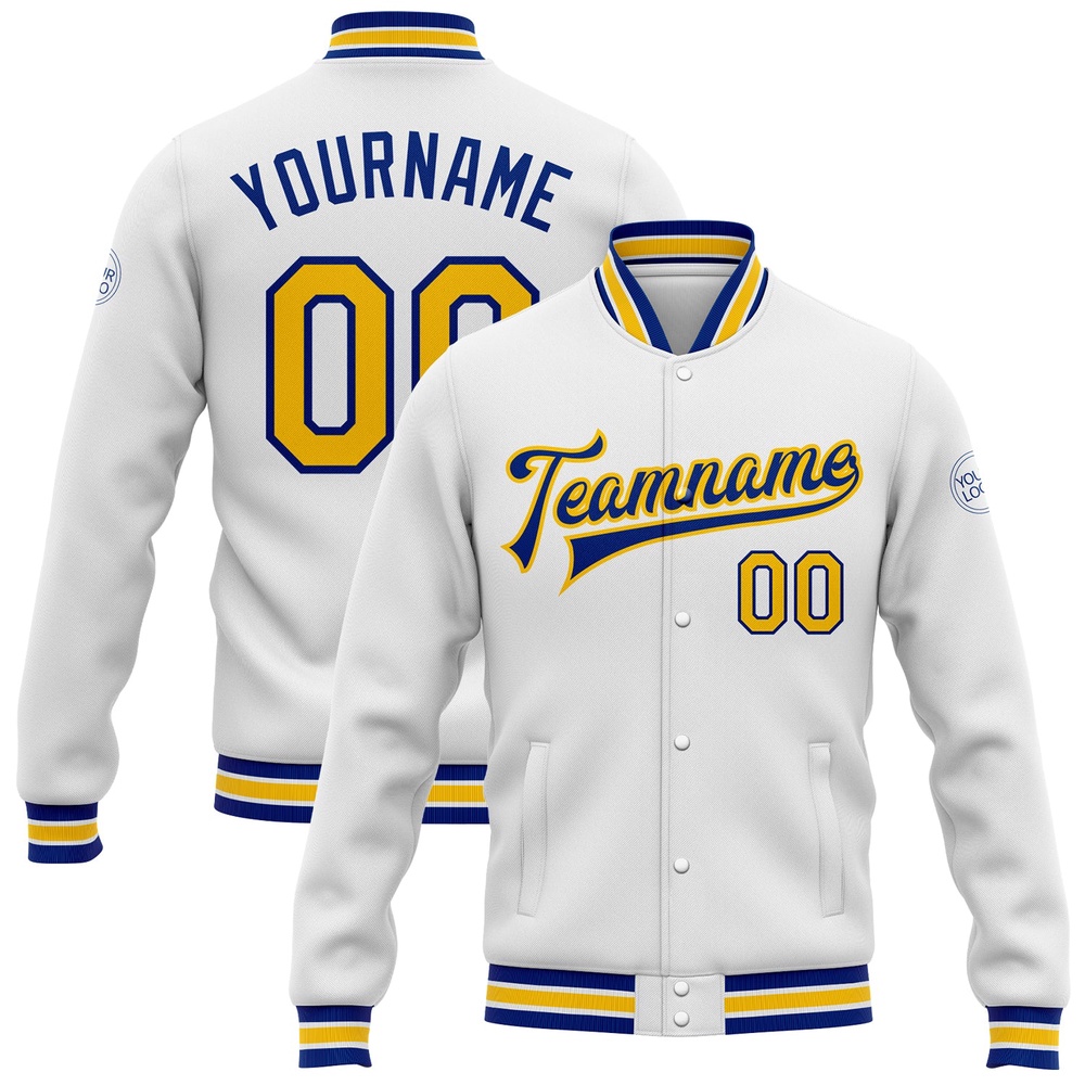 Custom White Yellow Royal Bomber Full Snap Baseball Jacket, Custom Team Jacket