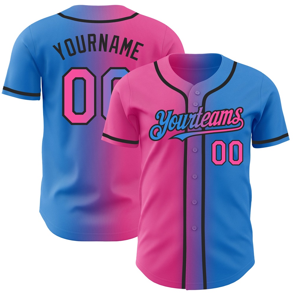 Electric Blue Pink-Black Authentic Gradient Fashion Baseball Jersey, Custom Baseball Jersey, Personalized Sport Jersey