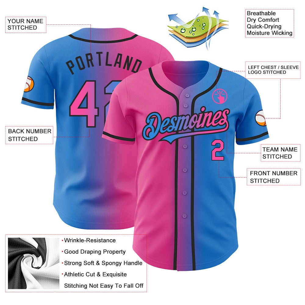 Electric Blue Pink-Black Authentic Gradient Fashion Baseball Jersey, Custom Baseball Jersey, Personalized Sport Jersey