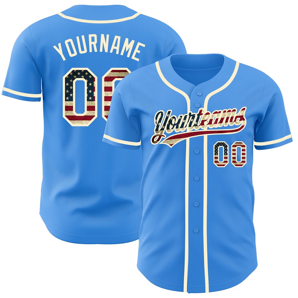 Electric Blue Vintage USA Flag-Cream Authentic Baseball Jersey, Custom Baseball Jersey, Personalized Sport Jersey