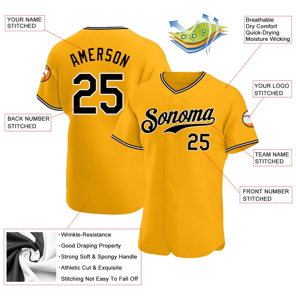 Gold Black-White Authentic Baseball Jersey, Custom Baseball Jersey, Personalized Sport Jersey
