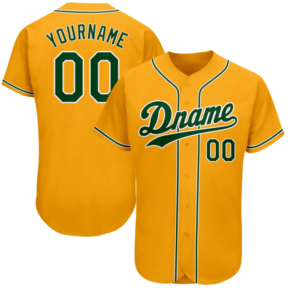 Gold Green-White Authentic Baseball Jersey, Custom Baseball Jersey, Personalized Sport Jersey