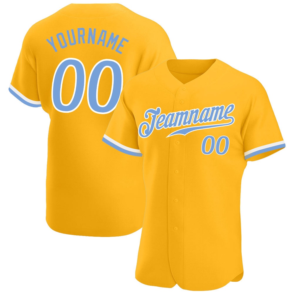 Gold Light Blue-White Authentic Baseball Jersey, Custom Baseball Jersey, Personalized Sport Jersey