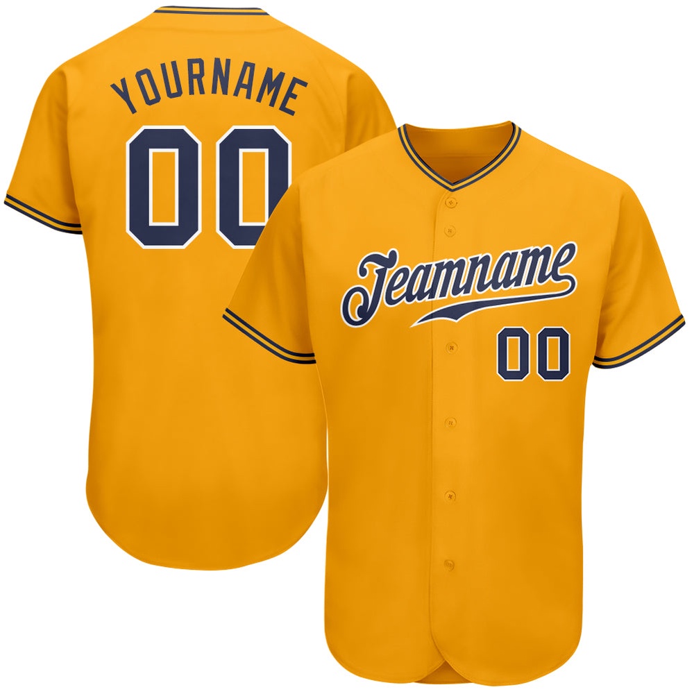 Gold Navy-White Authentic Baseball Jersey, Custom Baseball Jersey, Personalized Sport Jersey