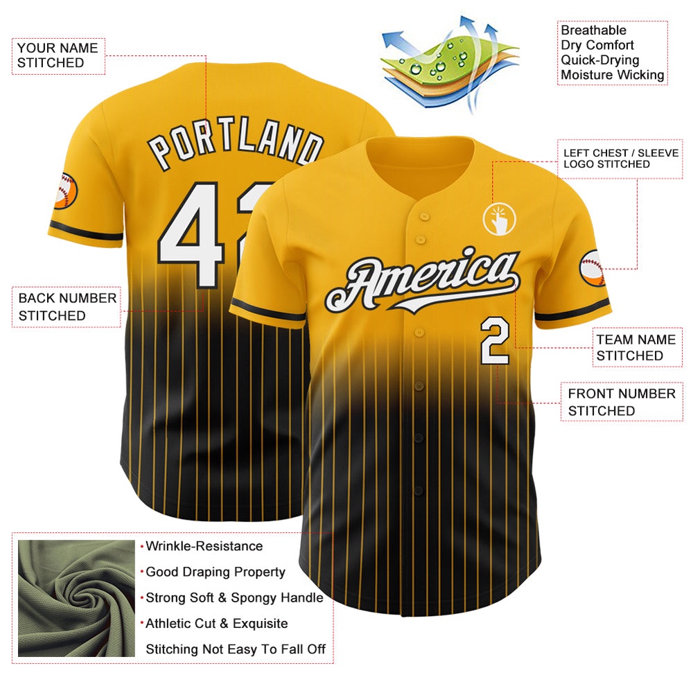 Gold Pinstripe White-Black Authentic Fade Fashion Baseball Jersey, Custom Baseball Jersey, Personalized Sport Jersey