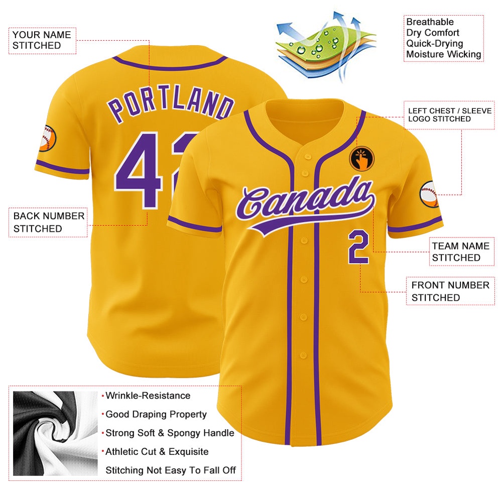 Gold Purple-White Authentic Baseball Jersey, Custom Baseball Jersey, Personalized Sport Jersey Gold Purple-White Authentic Baseball Jersey, Custom Baseball Jersey, Personalized Sport Jersey