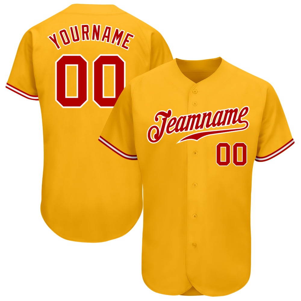 Gold Red-White Authentic Baseball Jersey, Custom Baseball Jersey, Personalized Sport Jersey