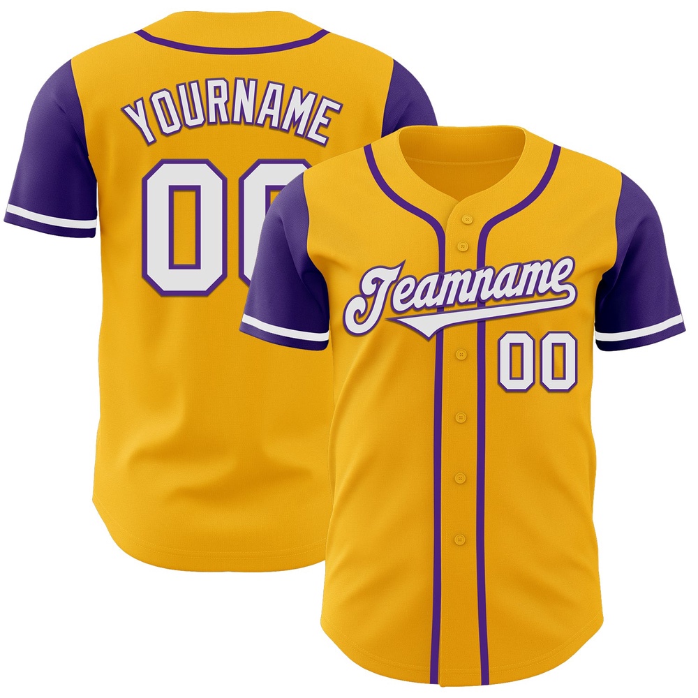 Gold White-Purple Authentic Two Tone Baseball Jersey, Custom Baseball Jersey, Personalized Sport Jersey