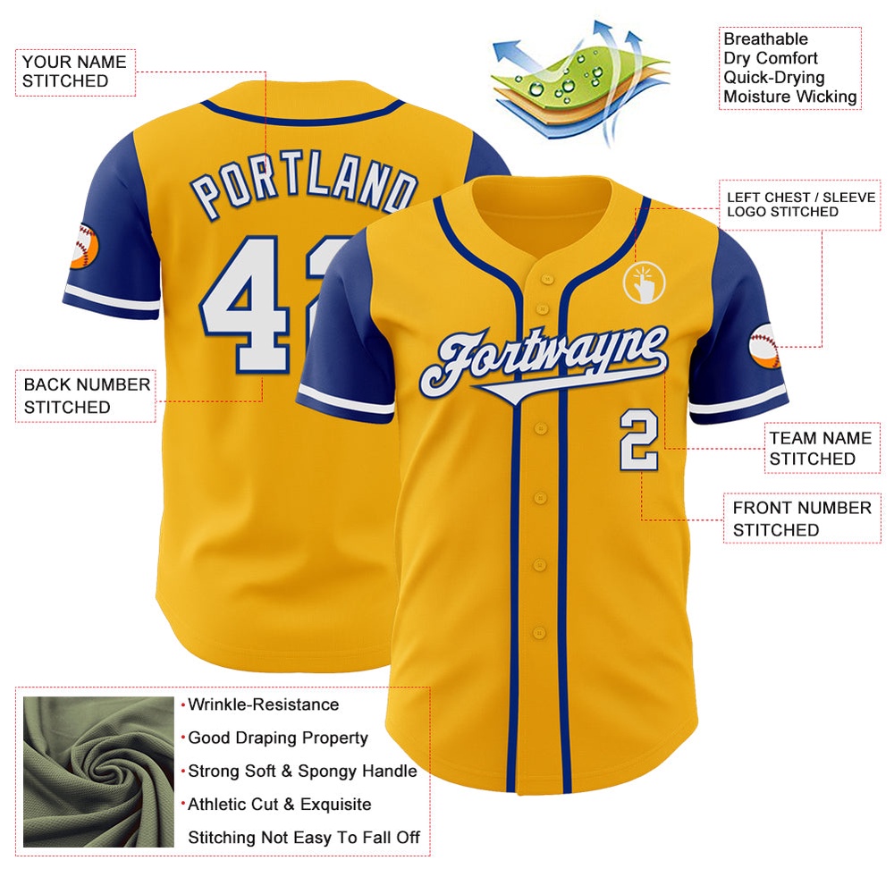 Gold White-Royal Authentic Two Tone Baseball Jersey, Custom Baseball Jersey, Personalized Sport Jersey